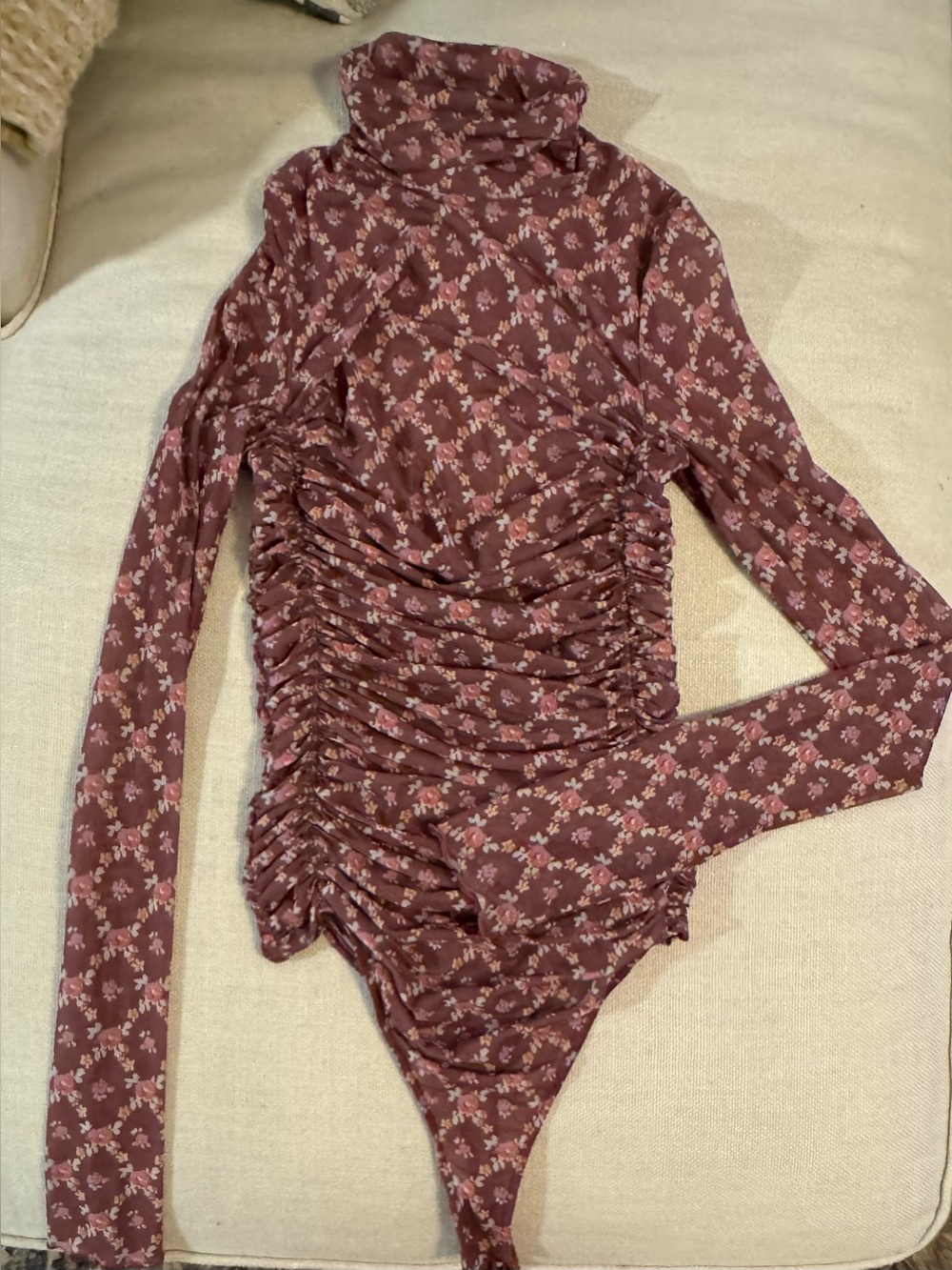 Free People Floral Ruched Turtleneck Bodysuit